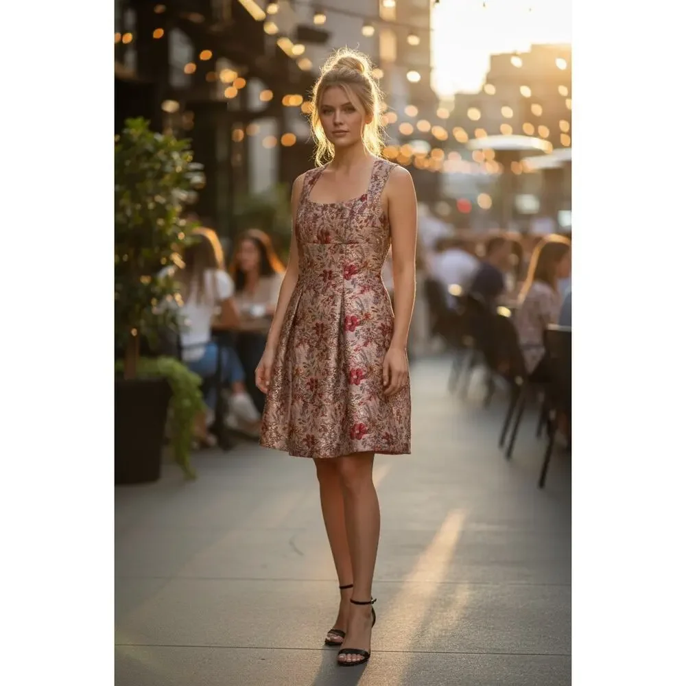 Aidan Mattox Floral Jacquard Dress 2 Pink Lilac Metallic Fit Flare Pockets Prom - Picture 2 of 13